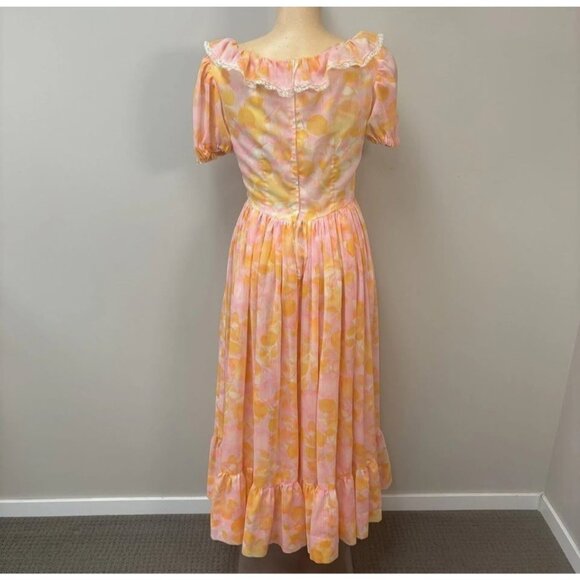 Vintage Handmade Dress Small Orange Floral Airy Cotton Fit Flare Puff Sleeve - Picture 2 of 10